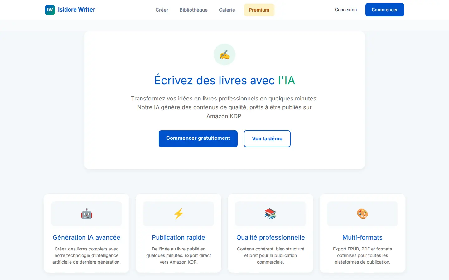 Page d’accueil d’Isidore Writer présentant l’écriture de livres avec l’IA et les exports EPUB et PDF