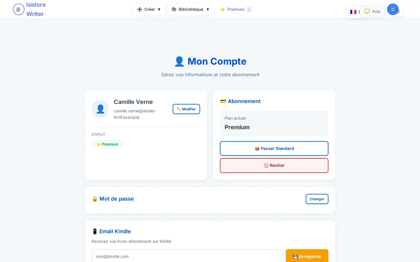 Page compte d’Isidore Writer avec profil fictif, plan Premium et adresse Kindle