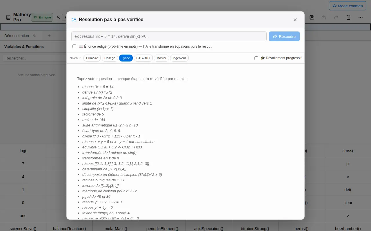 Résolution pas à pas affichée dans Mathery Pro