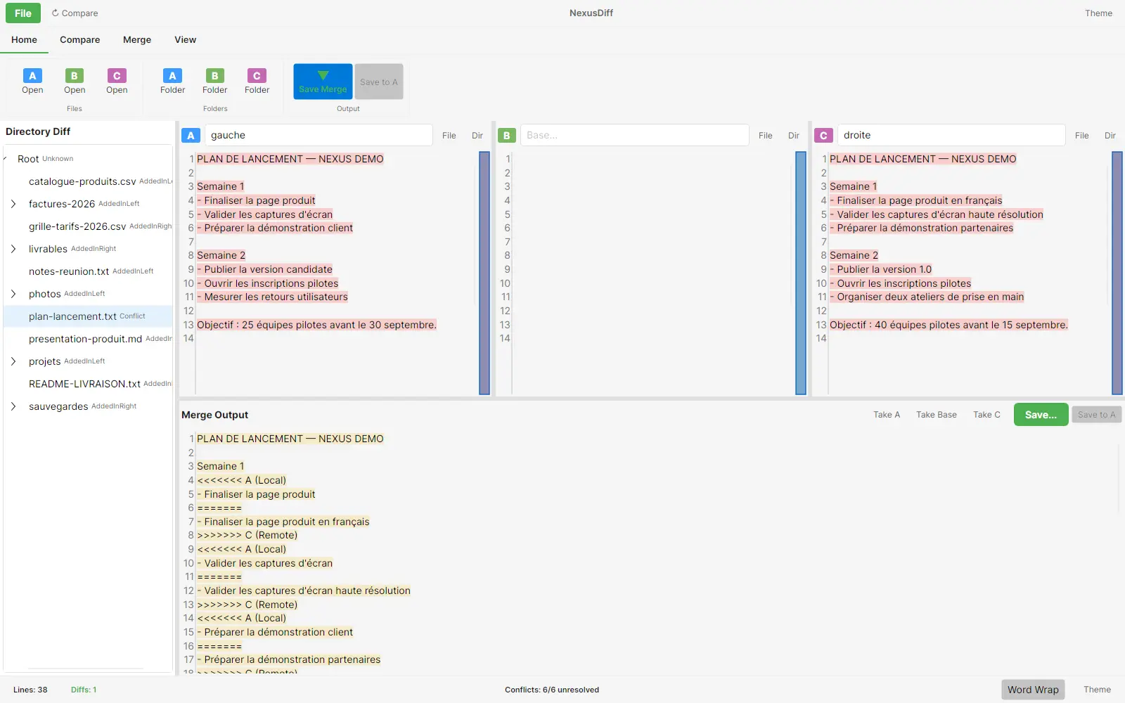 NexusDiff comparant deux dossiers avec éléments ajoutés et conflit sélectionné