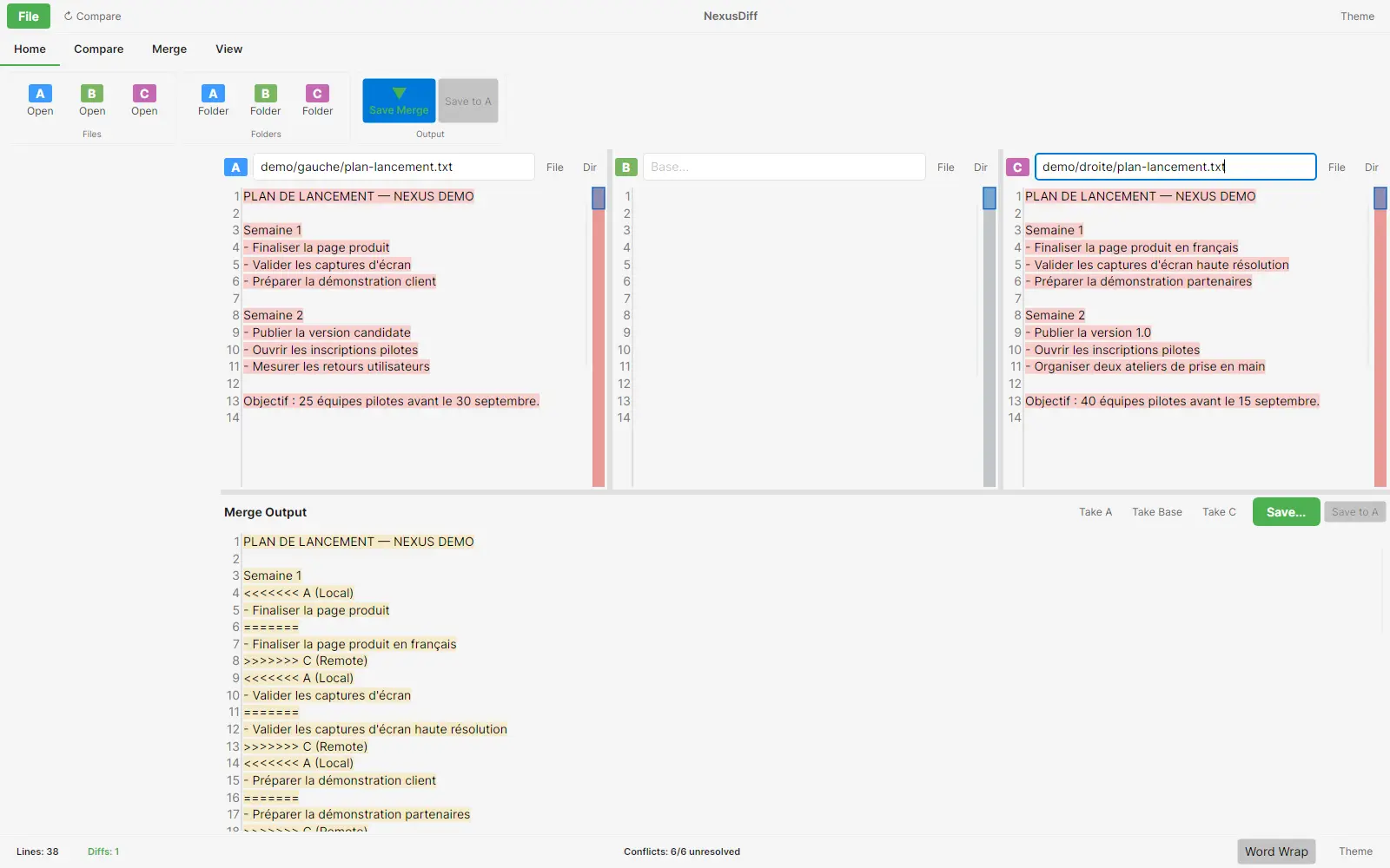 NexusDiff comparant deux versions d’un plan de lancement avec écarts surlignés