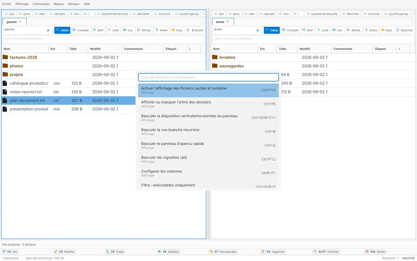 Palette de commandes française de NexusFile avec recherche, catégories et raccourcis