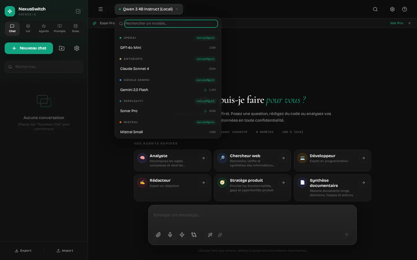 Écran principal de NexusSwitch avec sélecteur de fournisseurs et modèle Ollama local sélectionné