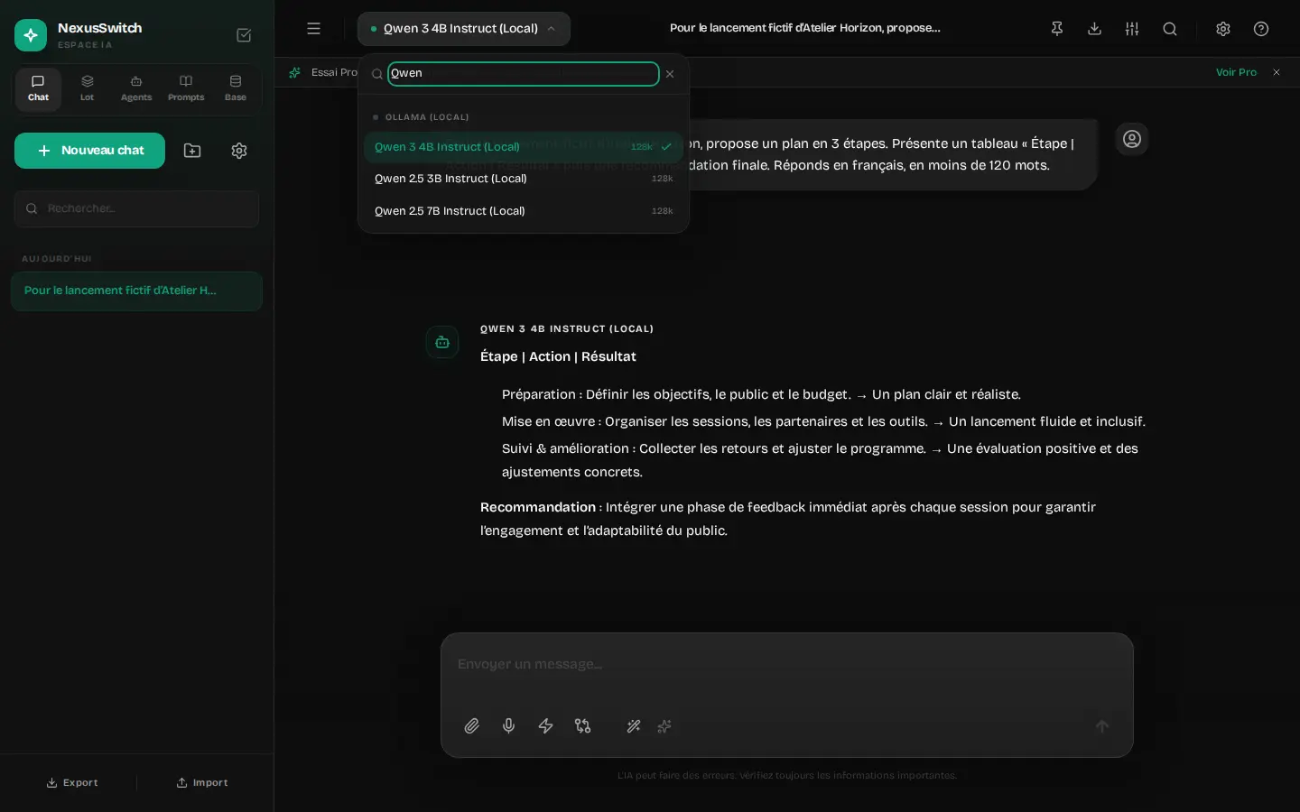 Sélecteur NexusSwitch ouvert sur trois modèles Qwen locaux disponibles