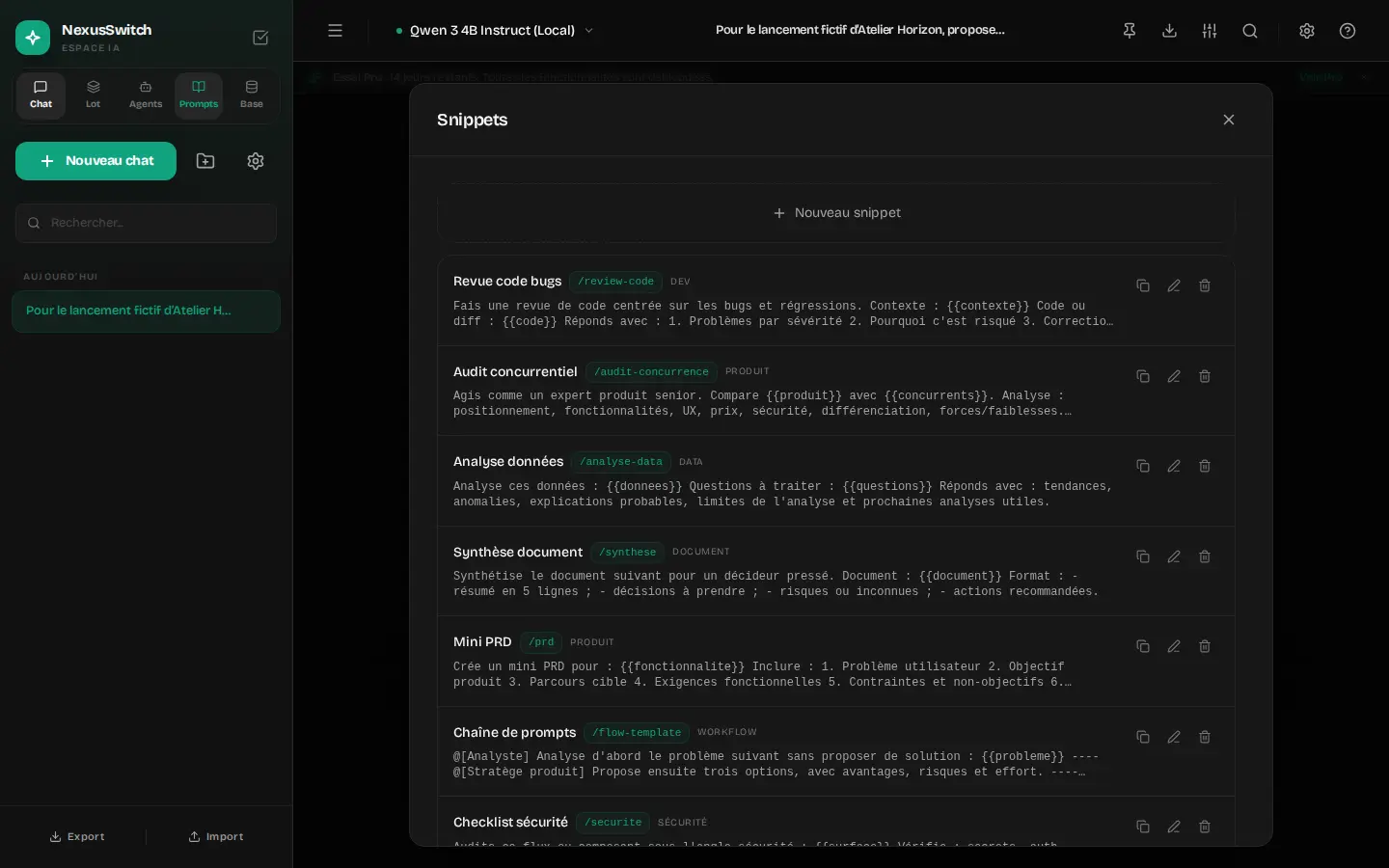 Bibliothèque NexusSwitch avec prompts d’audit, de revue de code, de synthèse et de mini PRD