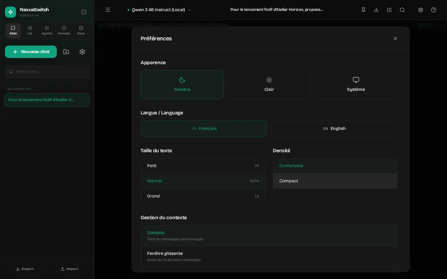 Réglages d’apparence de NexusSwitch avec thème sombre, langue française et densité