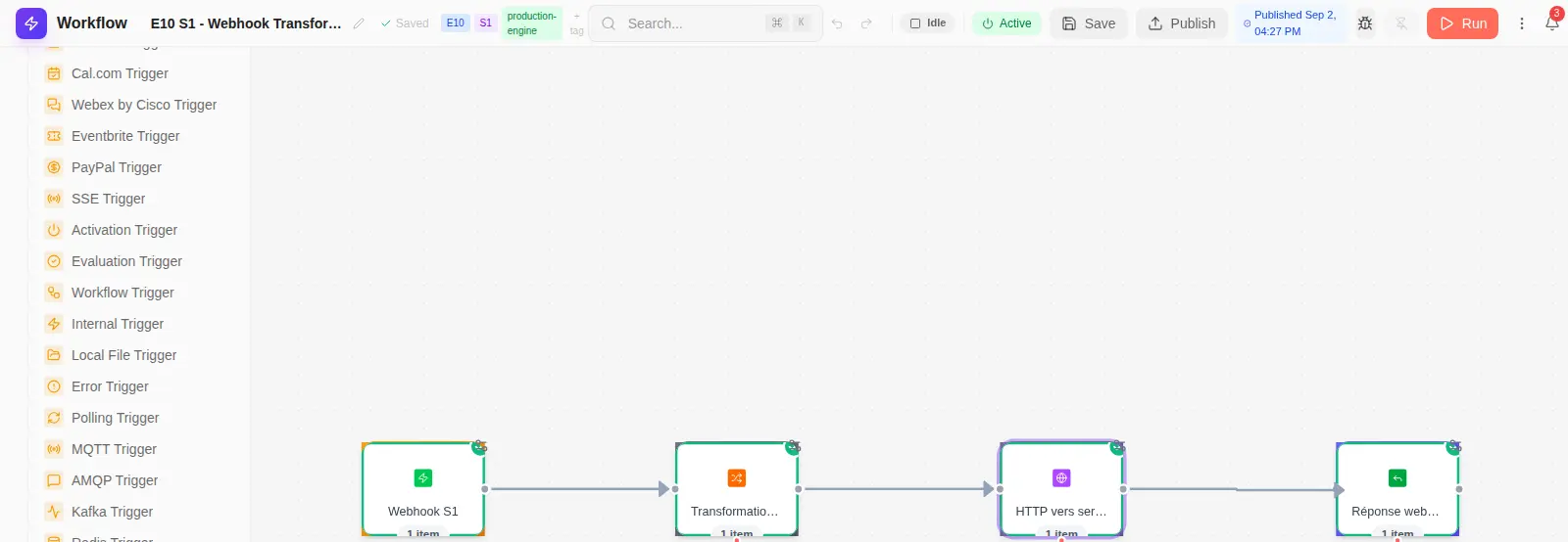 WorkflowBuilder Pro affichant un workflow S1 publié et actif avec quatre nœuds