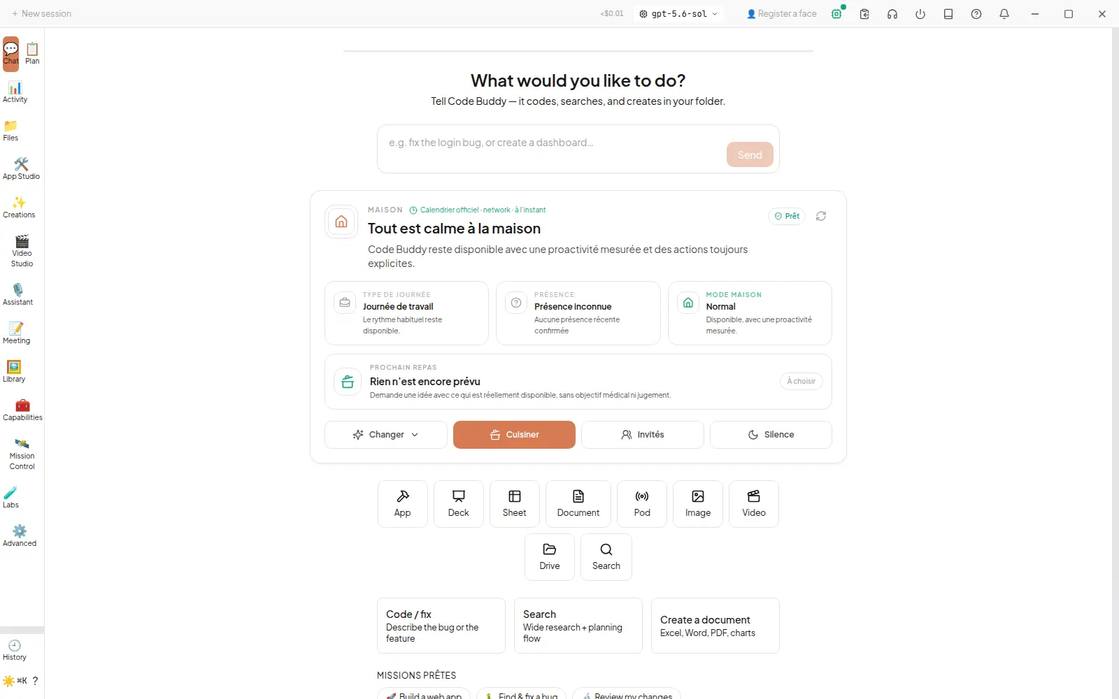Accueil réel de Cowork avec chat, fichiers, App Studio et Video Studio dans le rail latéral