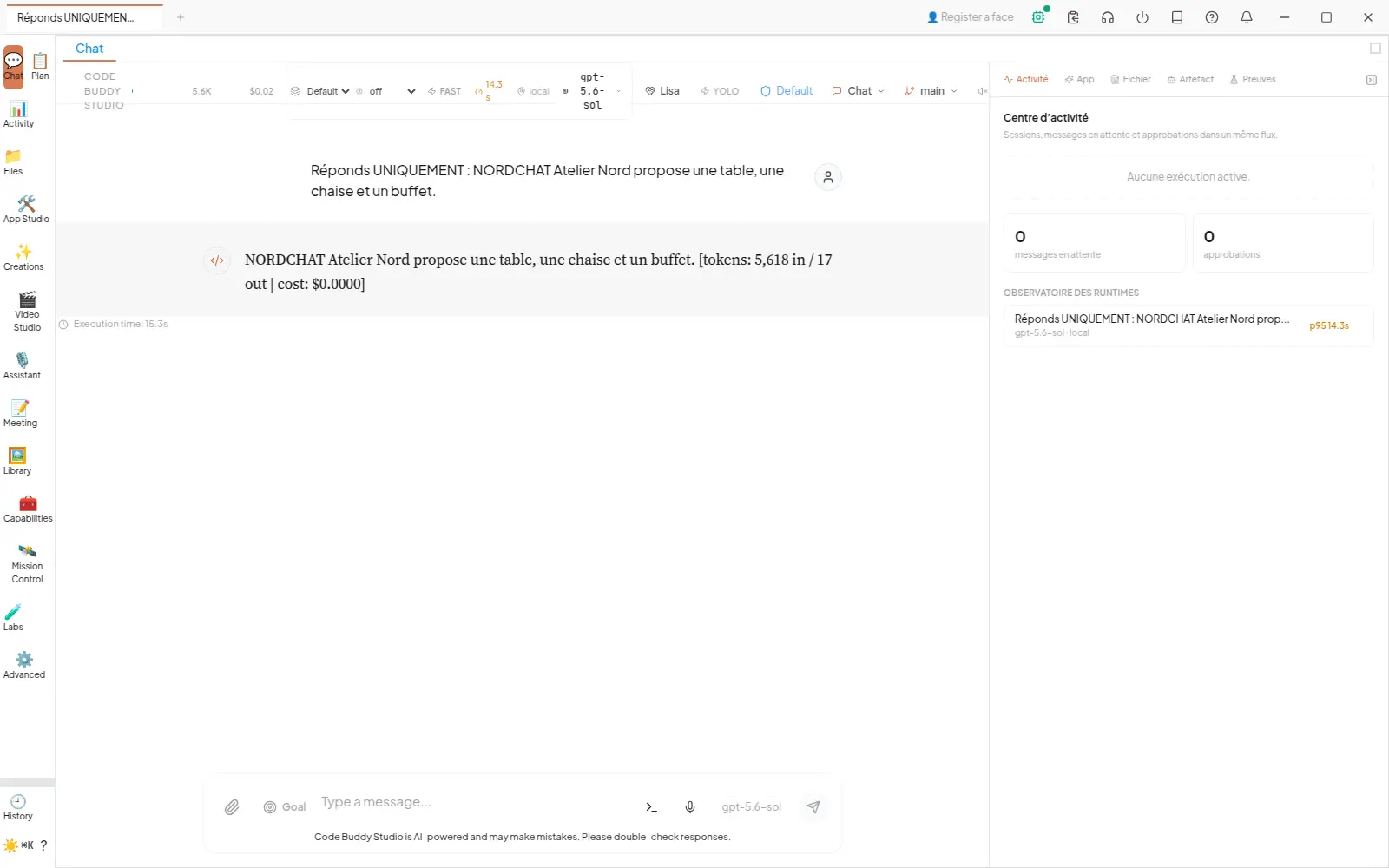 Chat réel de Cowork avec le modèle gpt-5.6-sol, un prompt fictif et une réponse