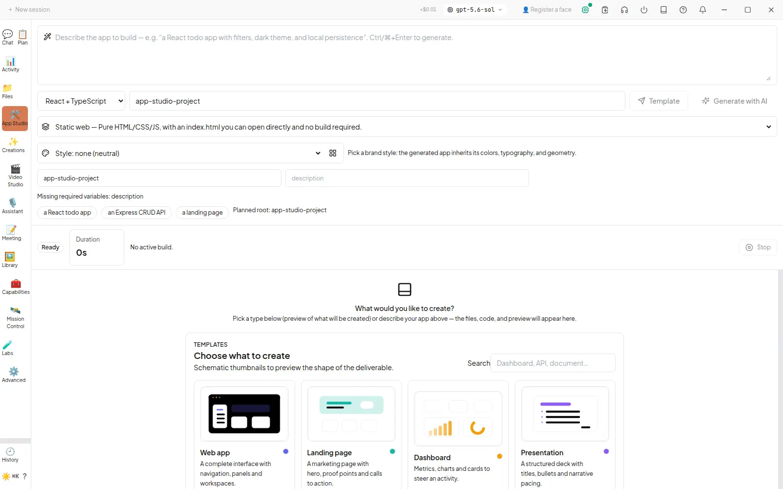 App Studio réel de Cowork avec prompt de génération, pile React HTML et modèles d’applications