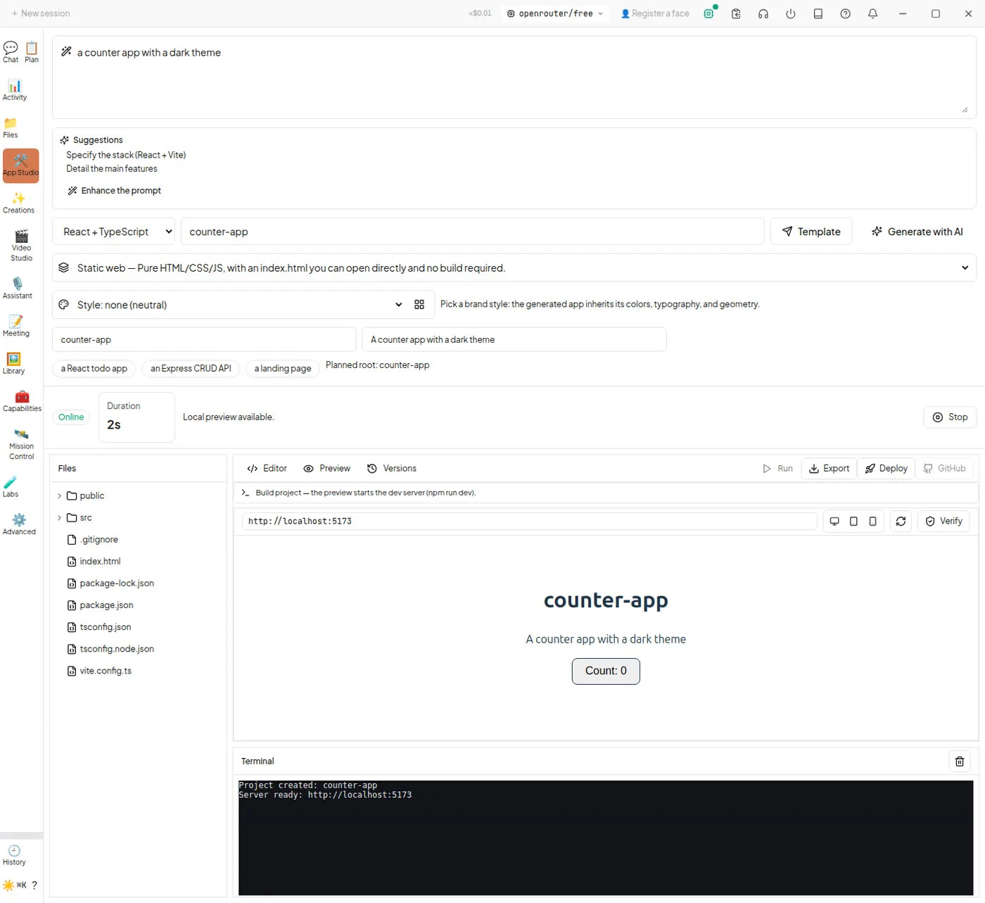 Atelier App Studio avec éditeur, aperçu et terminal