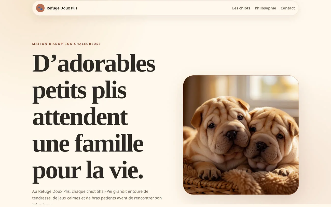 Site d’adoption Shar-Pei généré et prévisualisé en local